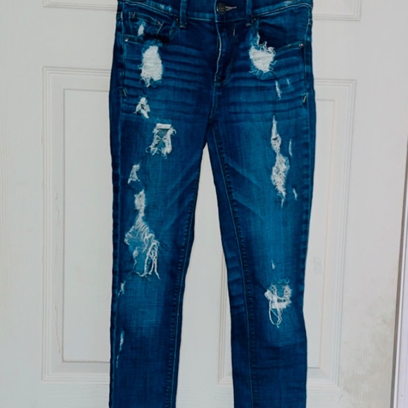 Express Mid Rise Distressed Ripped Skinny Ankle Blue Jeans - Picture 3 of 7